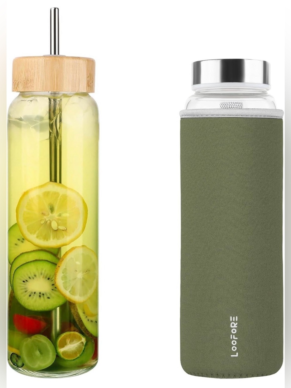 Loofore 32 oz Glass Fruit Infuser Water Bottle with Bamboo Lid - Olive Sleeve